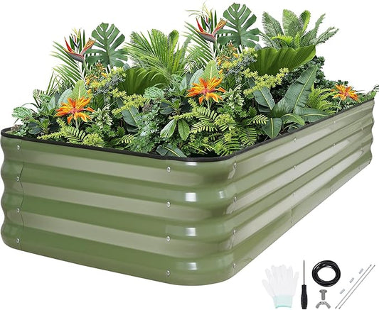 5-in-1 Adjustable Raised Garden Bed Kit | Galvanized Planter Boxes for Vegetables, Flowers | 12" Tall, Multiple Sizes (8x3x1ft, 9x2x1ft, 10x1x1ft, 6x5x1ft, 7x4x1ft) | Outdoor Metal Raised Bed, Green GGOODGAIN
