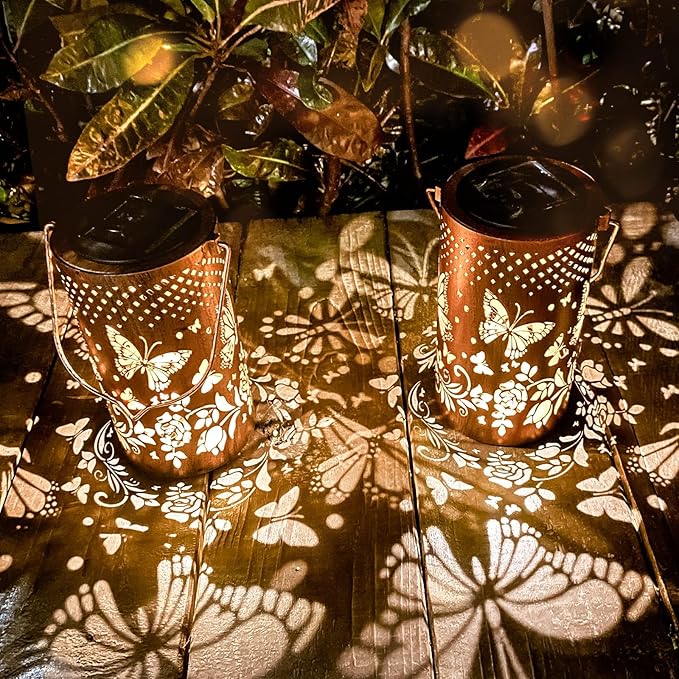 2 Pack Butterfly Birthday Gifts for Women Mom Grandma Solar Lanterns Outdoor Waterproof Garden Decor Hanging LED Decorative Light for Patio Yard Lawn Gardening Gifts DIBIEECN