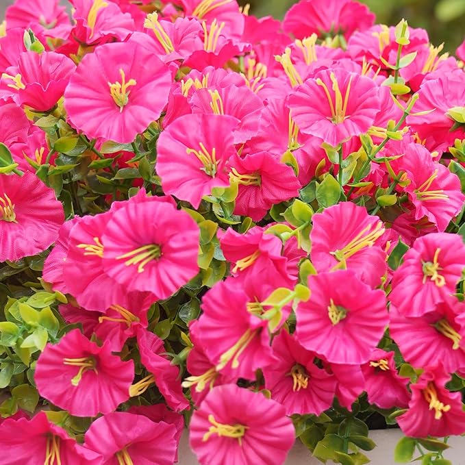 Artificial Flowers for Outdoors, UV Resistant Fake Silk Morning Glory, Realistic Faux Plants for Outside Porch Patio Window Box Hanging Planter (16, Hot Pink) maxkes