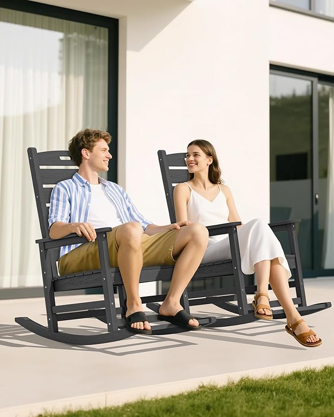SERWALL Outdoor Rocking Chair, Oversized Rocking Chair with Footrest for Adults, HDPE All Weather Resistant Rocking Chairs for Patio, 350lbs Weight Capacity, Gray SERWALL