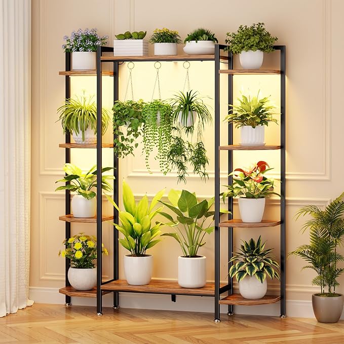 C1 Plant Stand Indoor with 6 Grow Lights, 6 Tiered Large Metal Plant Stand, 55 Inches Tall Plant Shelf with Hooks, Plant Holder Display Shelves for Patio, Garden, Living Room, Balcony CYXPHION