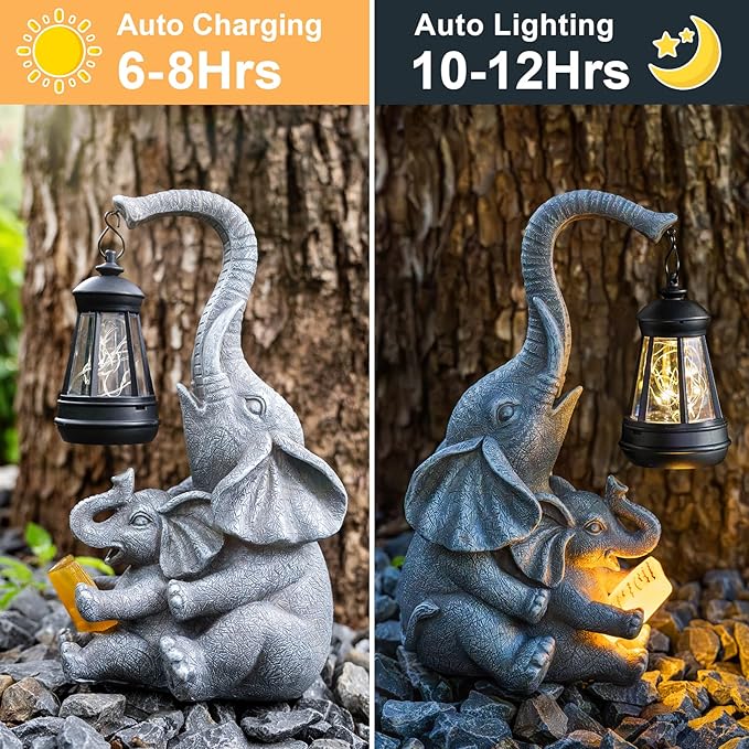 Solar Garden Statue Lights Loving Elephants Figurine with Solar Lantern, Outdoor Yard Decorations for Patio Porch Home, Housewarming Elephant Gifts for Mom, Women Candieslife