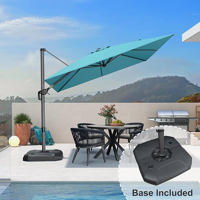 PURPLE LEAF Cantilever Umbrella with Base 9 Feet Patio Outdoor Aluminum Offset Umbrella with 360-degree Rotation for Garden Deck Pool Patio Turquoise Blue PURPLELEAF