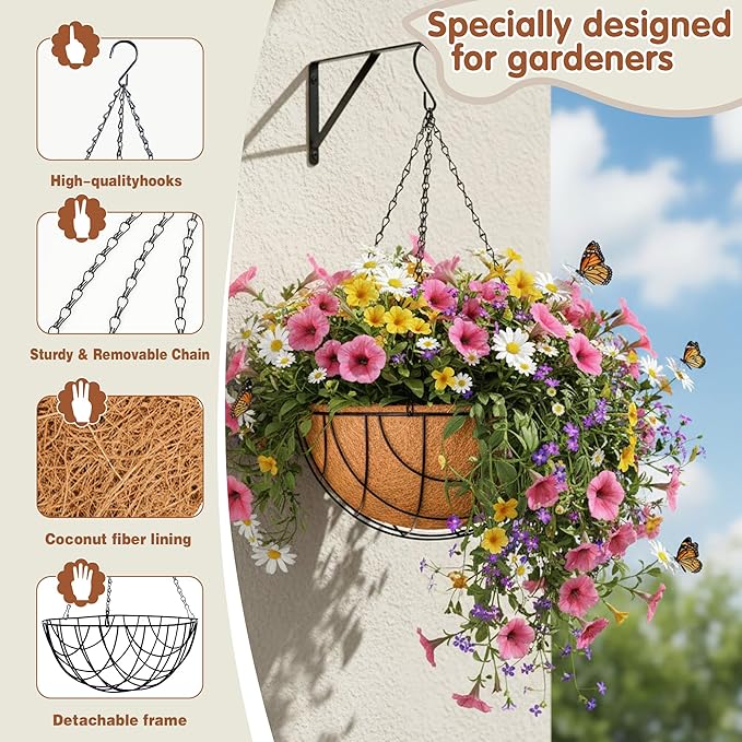 14 inch Metal Hanging Baskets For Plants Outdoor 4 Pack Round Metal Wire Hanging Basket Planter with Coco Fiber Liners Plant Holder for Garden, Patio, Deck, Porch Plants Flower Potss Outdoor(Grid) JFFLYIT