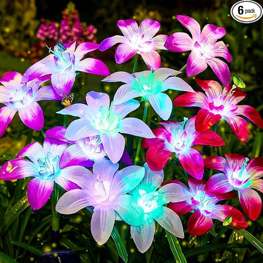 Solar Garden Lights Outdoor, 6 Pack Blooming Lily Solar Flowers Outdoor Waterproof, 7 Color Changing Bigger Flower Lights for Yard Patio Outside Decorative Mom Gift AHAORIGIN