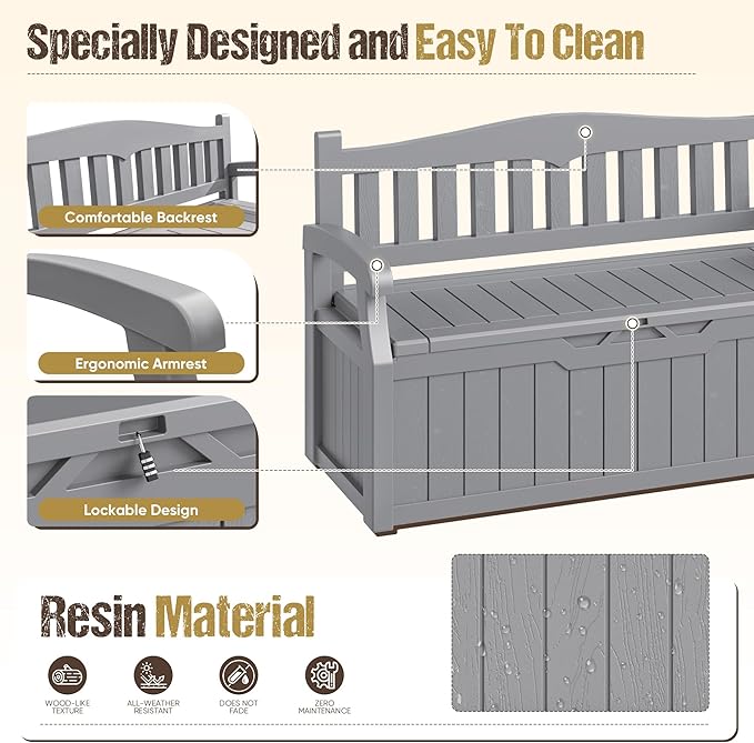 80-Gallon Outdoor Storage Bench, Waterproof Deck Box with Lockable Lid & Armrests for Patio, Garden, Pool, Gray Acurax