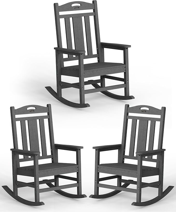 Ciokea Oversized Outdoor Rocking Chairs Set of 3, 380lbs Heavy-Duty Large Patio Rocker, High Back Cozy Porch Chairs, Weather Resistant Patio Rocking Chairs for Outside, Fire Pit, Deck, Dark Grey CIOKEA