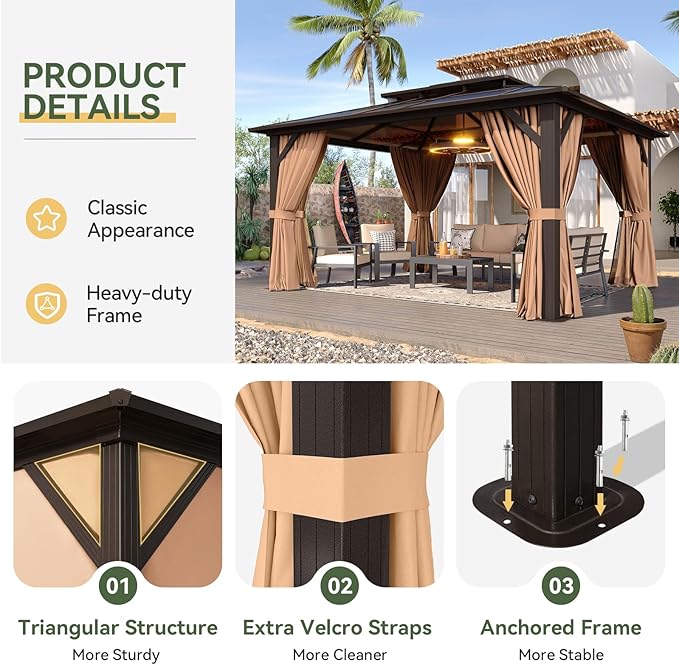 Aoxun 12'x14' Hardtop Gazebo with Double Polycarbonate Roof, Aluminum Frame Permanent Pavilion Includes Netting & Curtains for Patio, Lawn & Garden (Khaki) Aoxun