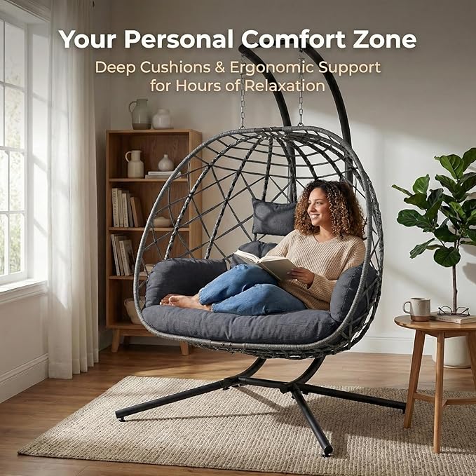 SWITTE Double Egg Swing Chair with Stand, Outdoor Patio 2 Person Hanging Wicker Hammock Chairs with Cushion for Indoor Bedroom, Lawn, Garden-Dark Grey SWITTE