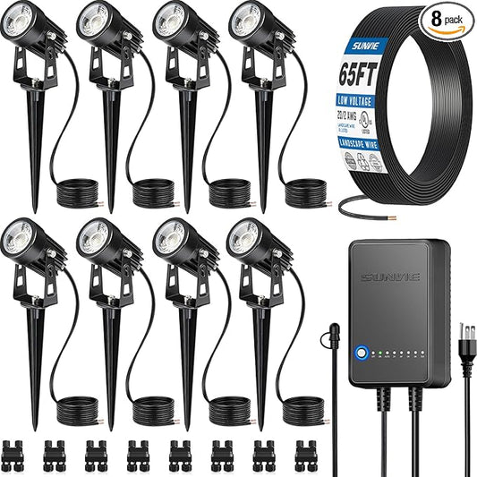 SUNVIE All-In-One LED Landscape Lighting Kit, 8-Pack Low Voltage Landscape Lights with Transformer and 65FT UL-Listed Wire, 3000K Waterproof Outdoor Uplights with Connectors for Yard House Garden Tree SUNVIE
