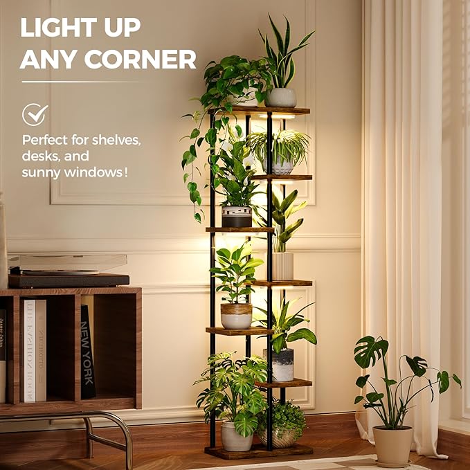 Bamworld Plant Stand with Grow Light for Indoor Plants Corner 7 Tier Metal Plant Shelf Wood Flower Stand for Home Living Room Decor Patio Decor Bamworld