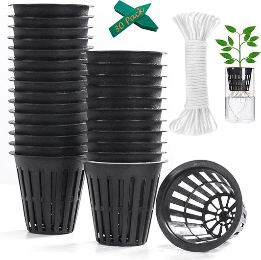 ORIMERC 2 inch Net Cups Pots 30 Pack with 30 feet Self Watering Wick & 30 Plant Labels for Hydroponics Aquaponics Planter Indoor Outdoor Growing Baskets Slotted Mesh UV Resistant & BPA Free OrimercGarden