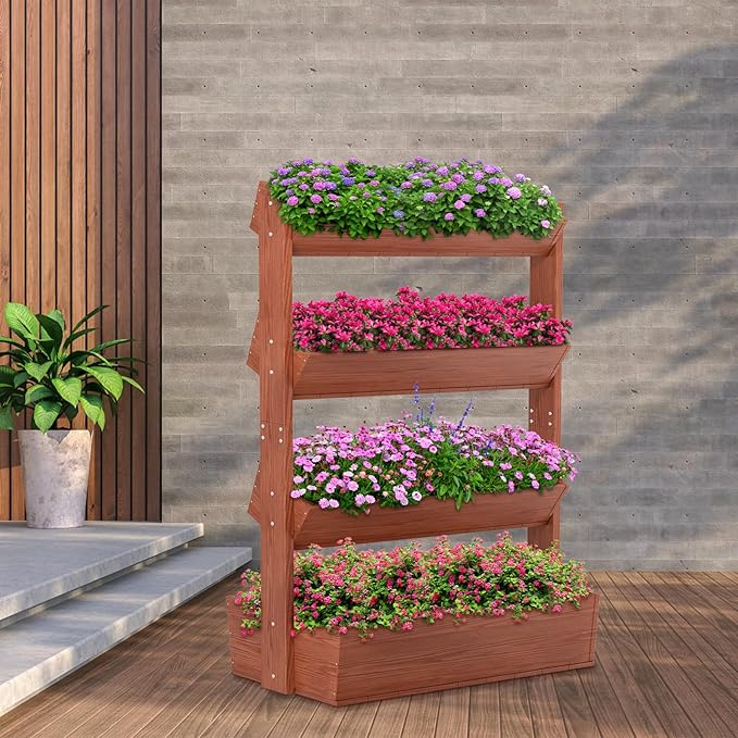 DoCred Vertical Wooden Raised Garden Bed, 4 Tier Garden Planters Freestanding Wood Plant Stand Flower Rack Wooden Planter Box for Plants Herbs Flowers Vegetables Outdoor Indoor Gardening DoCred
