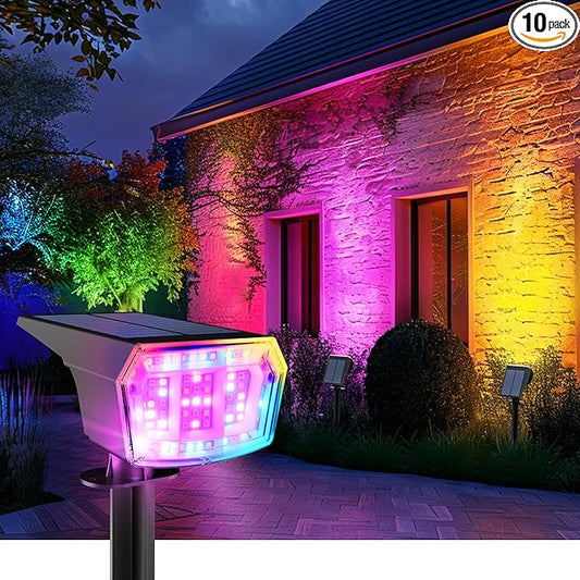 Solar Spot Lights Outdoor, 9 Lighting Modes RGB, Solar Lights Outdoor Waterproof IP65, 63 LED Landscape Spotlights for Holiday Decorations-10 Pack AUDERWIN