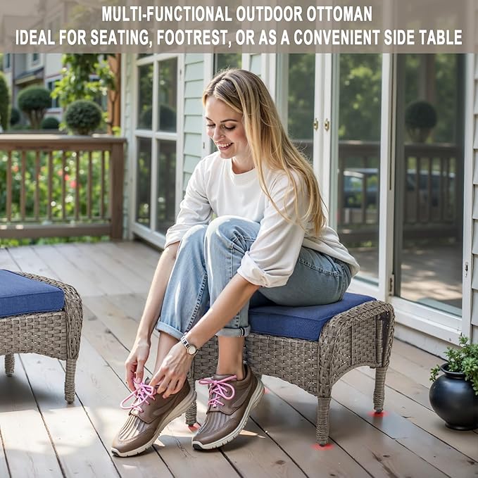 Belord Outdoor Ottomans for Patio Foot Rest - 25 Inch PE Wicker Foot Stool Set of 2 with Removable Cushions for Patio Furniture Sets,All Weather Rattan Ottoman for Balcony Deck Backyard Brown Belord
