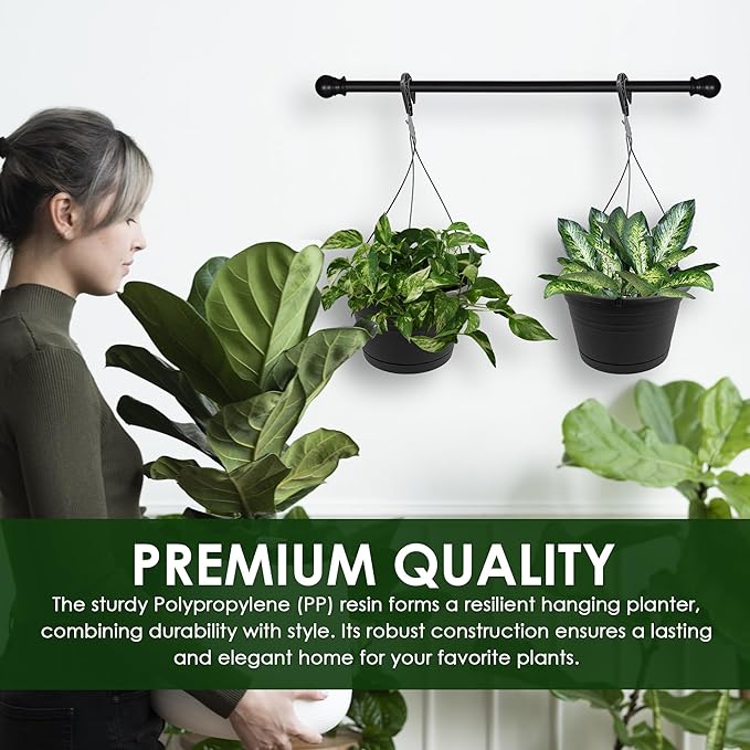 10in Euro Hanging Planters for Indoor Plants 2 Pieces 10inch Hanging Planter with (2) 40cm Hooks, Self Watering Indoor Outdoor Hanging Pots with Drainage Holes and Removable Drip Tray J3A+Collections