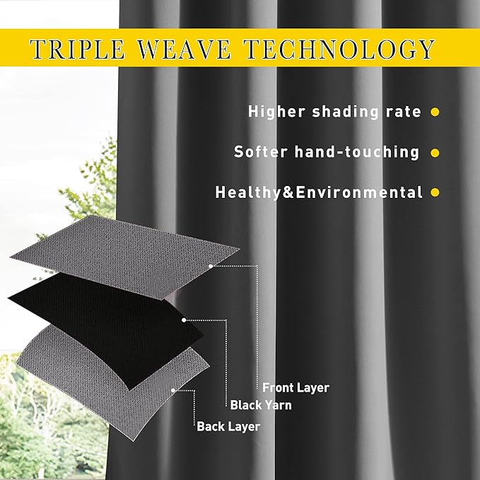 NICETOWN 2 Panels Blackout Weighted Outdoor Curtains for Patio Waterproof, Grommet & Back Tab on Top & Bottom Keep Privacy Light & Sound Block for Porch with Bonus Rope for Fixed, Grey, W52 x L72 NICETOWN