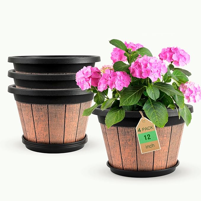 Quarut 4 Pack 12 inch Plant Pots,Whiskey Barrel Planters with Drainage Holes & Saucer,Plastic Decoration Flower Pots Retro Design,Planters for Outdoor Indoor Garden Home Plants (Brown) Quarut