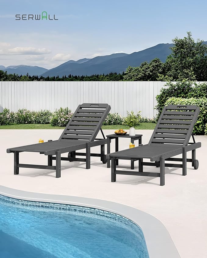 SERWALL Outdoor Chaise Lounge Set of 8, HDPE Pool Lounge Chairs with 5-Position Adjustable Backrest, Patio Loungers with Rolling Wheels & Cup Holder for Pool Sunbathing, Grey SERWALL