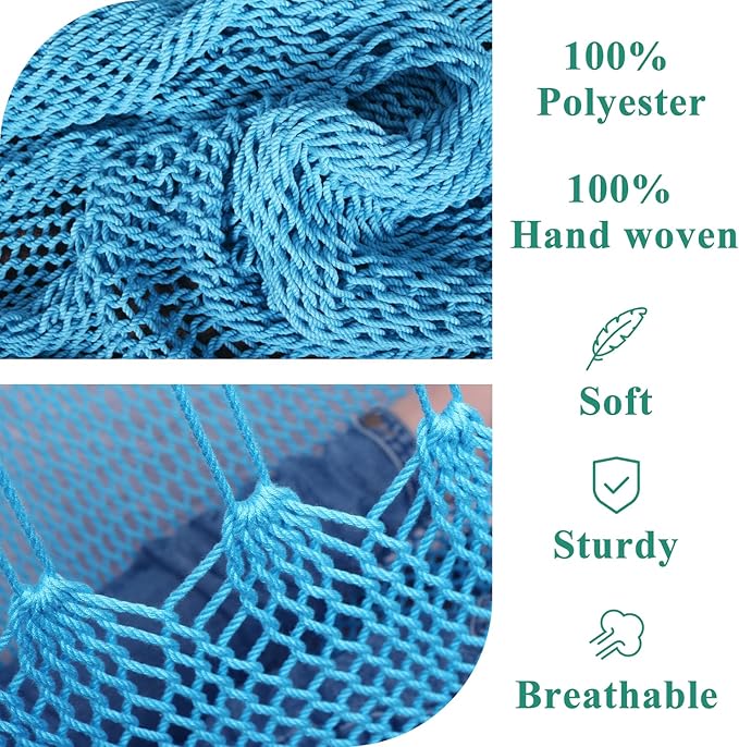 Upgraded Caribbean Hammock Chair with Detachable Metal Bar, Large Hammock Swing Chair, XL Rope Hanging Chair for Outdoor Indoor, 330 LBS Weight Capacity, DeepSkyBlue Bathonly