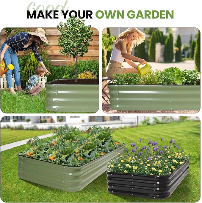 5-in-1 Adjustable Raised Garden Bed Kit | Galvanized Planter Boxes for Vegetables, Flowers | 12" Tall, Multiple Sizes (8x3x1ft, 9x2x1ft, 10x1x1ft, 6x5x1ft, 7x4x1ft) | Outdoor Metal Raised Bed, Green GGOODGAIN
