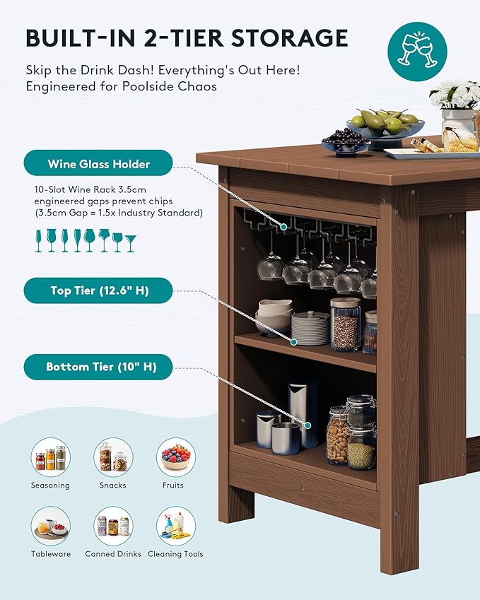 SERWALL 8-Piece HDPE Counter Height Dining Table Sets with Storage and Wine Rack, 2 Rectangular Bar Table with Bar Stools Set of 6 for Garden, Backyard, Kitchen, Brown SERWALL