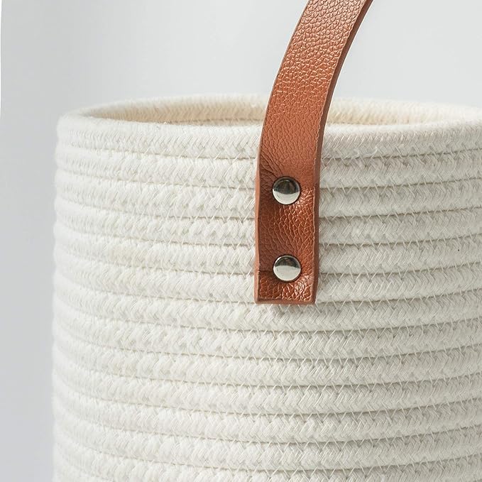 Goodpick 2pack Rope Hanging Basket - Small Round Hanging Baskets Storage for Key, Sunglasses, Wallet on Door - Modern Woven Baskets Wall Decor for Plant, White Cotton Basket 7.87 x 7 x 11.7 inches Goodpick