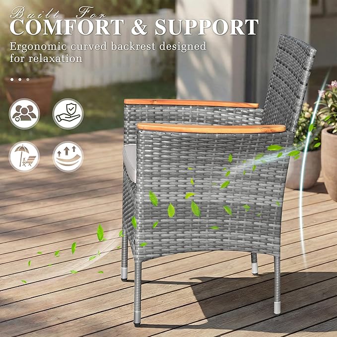 Devoko Outdoor Patio Dining Sets 9 Pieces Wicker Outdoor Dining Table and Chairs Set with Acacia Wood Table Top and Widened Armrests for Backyard, Garden, Deck (Grey) DEVOKO