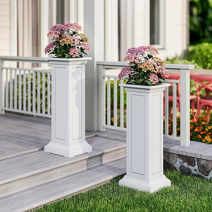 36in Tall Resin Planter Set of 2,Large Outdoor Planter for Porch, Garden, and Balcony, Weight-Bearing Top, Weather-Resistant, Classic Estate Design for Flowers and Trees(Ashen) OutdoorLivingPerfected