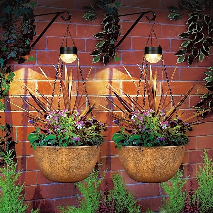 2 Packs Hanging Planters Basket for Outdoor Plants, Solar Powered Self Watering Bronze Round Plastic Flower Pots with Drainer for Balcony Patio Garden Outdoor Decoration SUNNYPARK