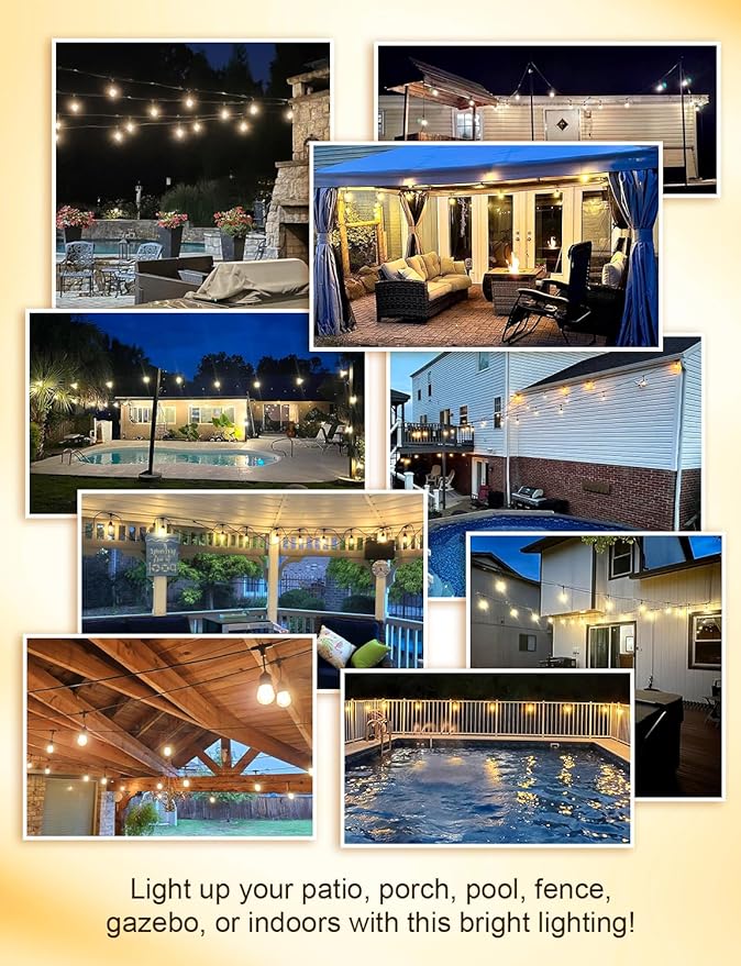 XMCOSY+ 48FT Outdoor String Lights Waterproof - LED Patio Hanging Lights for Outside Porch Backyard Gazebo Garden, Commercial Grade 16 Edison Bulbs XMcosy