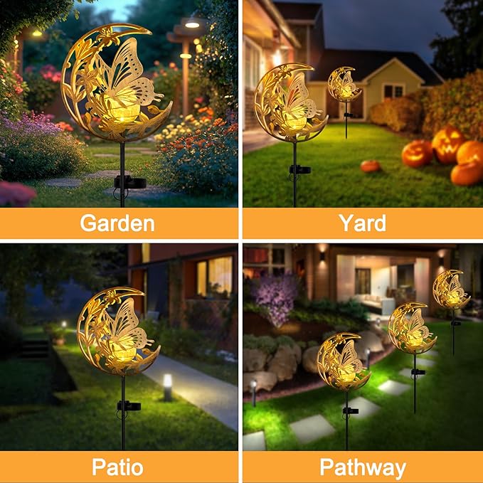 ShangTianFeng Butterfly Lights Outdoor Decor - Moon & Bird SolaGardenLights Waterproof, Auto On/Off Pathway Lighting for Yard/Lawn/Patio, Handcrafted Metal Solar-Stake-Lights for Outside Decorations ShangTianFeng