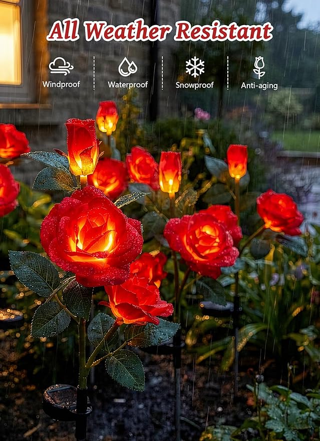 Brightown Outdoor Solar Flower Lights, 4 Pack Solar Garden Light with Larger & More Realistic Red Rose, Bigger Solar Panel, Waterproof Solar Lights Outdoor for Yard Garden Lawn Pathway Decoration Brightown