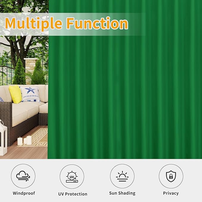 Easy-Going Outdoor Patio Curtains Detachable Tab Top Windproof Weatherproof Curtain for Cabana, Porch, Pergola and Gazebo, Tab Bottom Drape, 2 Panels, 110W x 108L inch, Green Easy-Going