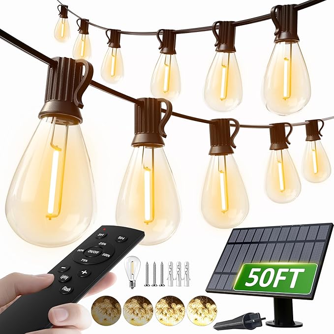 luckystyle 50FT Solar String Lights Outdoor Waterproof 2200K with Remote & USB Charging, 18+1 LED Shatterproof Bulbs, Dimmable & Timable, 3 Light Modes, Long Last for Garden,Patio, Backyard, Camping luckystyle