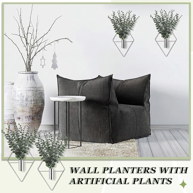 Jexine 4 Pcs Hanging Planters with Artificial Eucalyptus Metal Hanging Vase Indoor Plants Holder Modern Geometric Boho Bathroom Wall Decor for Living Room Home Office (Eucalyptus,Silver) Jexine