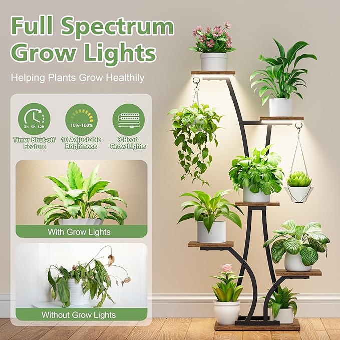 Plant Stand with Grow Light for Indoor Plants, 6 Tiered Metal Plant Shelf, 45" Indoor Plant Rack with 7 Shelves and 2 Hooks, Modern Corner Plant Holder for Living Room Balcony Bedroom, Black Rootora