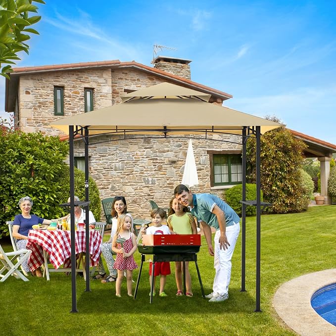 AECOJOY 8' x 5' Outdoor Grill Gazebo Canopy, BBQ Canopy for Outdoor Grill, 2- Tier BBQ Gazebo Shelter for Patio, Backyard and More (Beige) AECOJOY