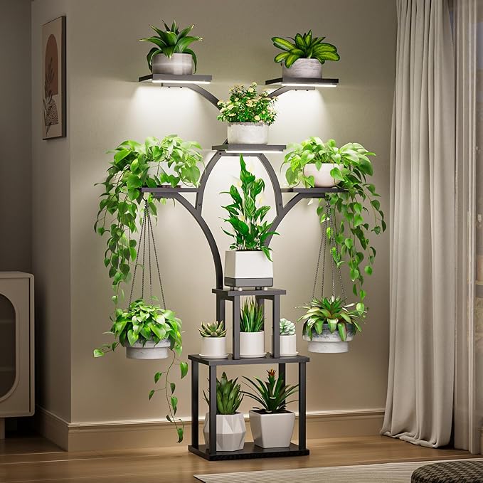Elbourn Plant Stand Indoor with Grow Lights - 60" Tall Metal Plant Shelf for Multiple Plants, 8 Tiered Corner Plant Stands for Indoor Plants, X - Shaped Decorative Rack for Home, Living Room & Patio Decor (Black) Elbourn