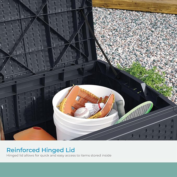 Suncast Outdoor Storage Box - 73 Gallon Cyberspace Resin Wicker Deck Box with Lockable Lid, Outdoor Storage Bin for Patio Cushions, Shoes, Pool & Garden Gear, Made in USA Suncast