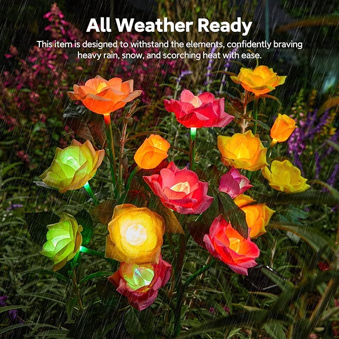 RECHOO Solar Garden Lights Outdoor Decorative, 3 Pack Solar Flower Lights with 15 Rose Flowers, Multi-Color Changing LED Waterproof Garden Decor for Landscape Pathway, Mother's Day Gifts for Women RECHOO