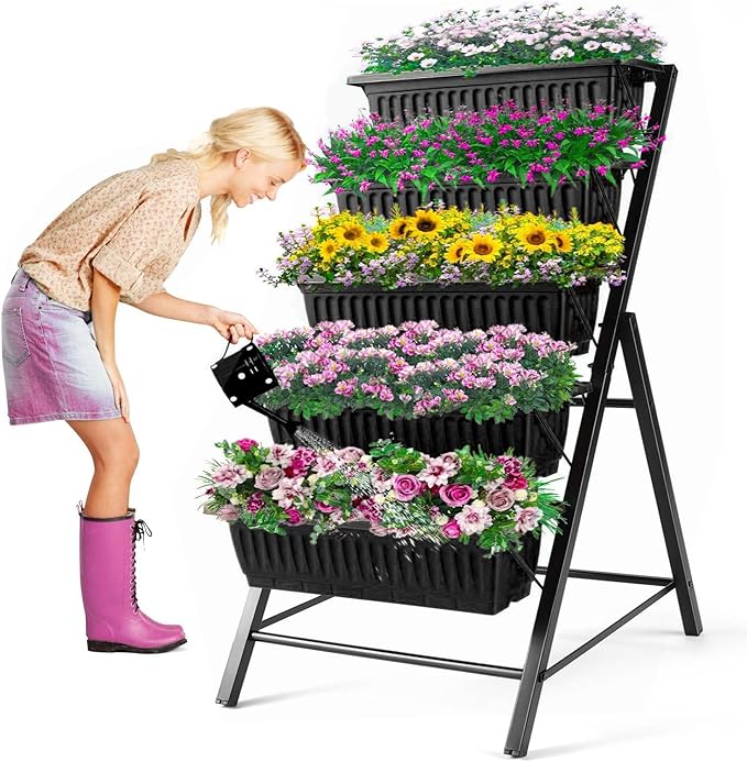 Homdox 3.74FT Vertical Garden Bed, 5 Tiers Vertical Raised Garden Planter, 23 * 26 * 45Inch Outdoor Garden Raised Bed with 4 Hooks, Vegetable Flower Planter Raised Stand for Garden Patio Yard, Black HOMDOX