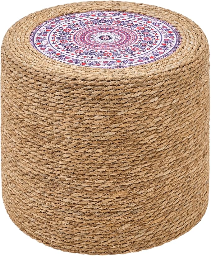 Wimarsbon Round Pouf Ottomans, Handwoven Natural Water Hyacinth Seagrass Pouffe,Outdoor Rattan Stool Accent Seat, Bohemian Coastal Home Decor (18inch Natural Cattail-Boho 4) Wimarsbon