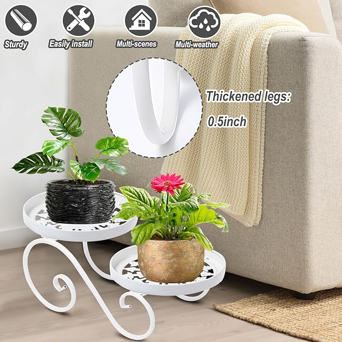 2 Tier White Plant Stand, Metal Flower Stand Indoor Outdoor, Anti-Rust Iron Plant Shelf, Round Flower Pot Stands for Multiple Plants, Display Rack Potted Plant Holders for Garden Home Decor Santentre