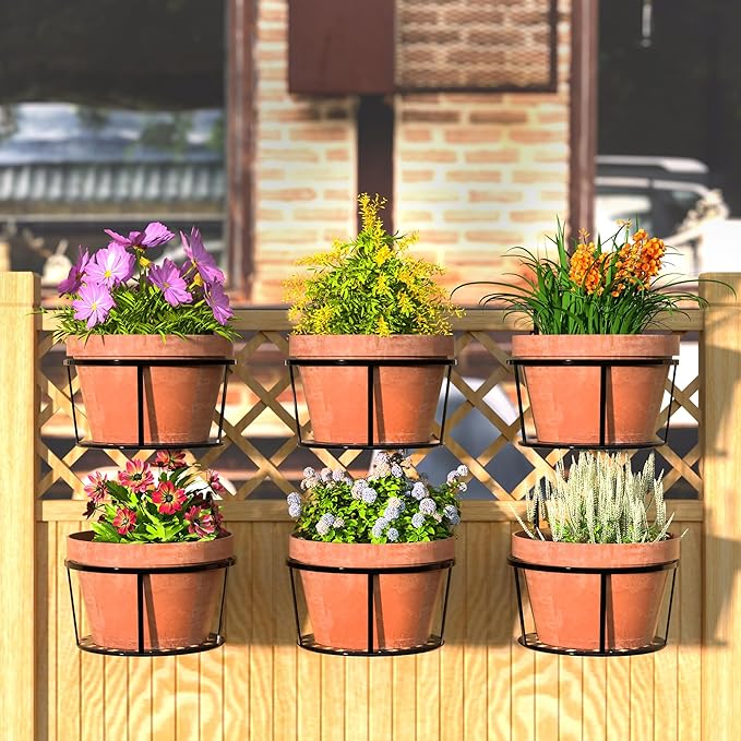 CADANI Iron Hanging Plant Holder Over The Rail Metal Fence Planters, Hanging Bucket Flower Pot Holder for Patio Balcony Outdoor Plants - Pack of 6 (Black) CADAINPlantStandOutdoor