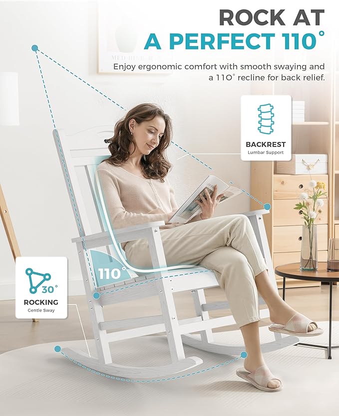 Ciokea Oversized Outdoor Rocking Chairs Set of 4, 380lbs Heavy-Duty Large Patio Rocker, High Back Cozy Porch Chairs, Weather Resistant Patio Rocking Chairs for Outside, Fire Pit, Deck, White CIOKEA