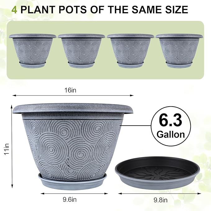 16 Inch Large Planter Pot for Plants Indoor Outdoor, 4 Pack Plastic Flower Pots with Drainage Hole & Tray, Modern Decorative Garden Pot with Saucer, Plant Container for House Fodetyff