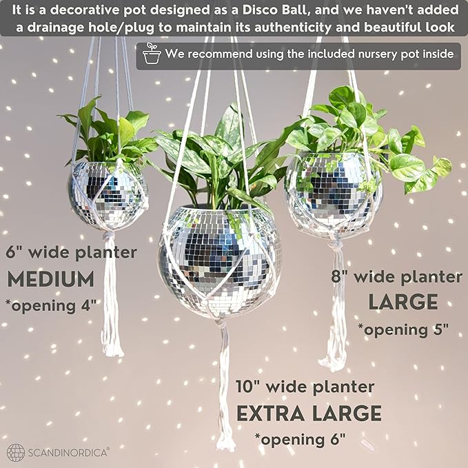 SCANDINORDICA Disco Ball Planter – Value Package: Mirror Disco Planter with Chain, Macrame Hanger and Acrylic Stand for Desk, Includes Self Watering Insert, Disco Ball Decor | 6 inch Silver SCANDINORDICA