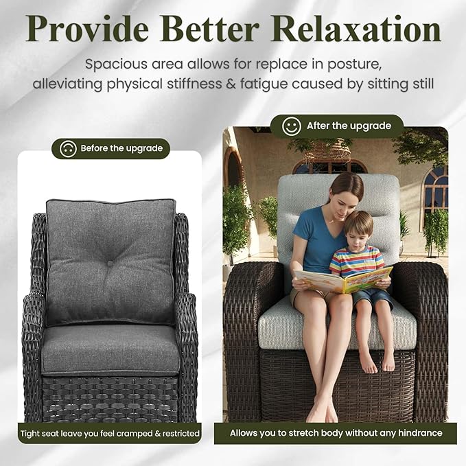 LayinSun Oversized Wicker Outdoor Swivel Glider Recliner with Adjustable Backrest & Footrest, Patio Reclining Lounge Chair - Set of 2 LayinSun