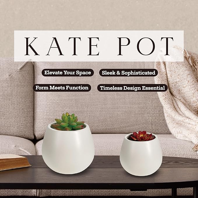Kate Sleek Matte White Plant Pot Indoor, 5 Inch Pot for Plants, Lightweight, Minimal Style, Tabletop Decorative Garden Pot at Living Room, Work Desk, Ceramic Planter for Indoor Plants, Faux Flower VertNook